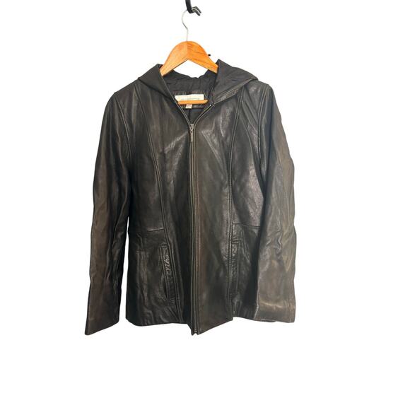 Liz Claiborne Black Leather Hooded Jacket M - Soft Zip-Up Coat - Picture 1 of 4